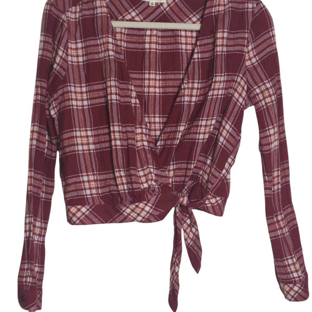 Copper Key Burgundy Plaid Long Sleeve Wrap Blouse